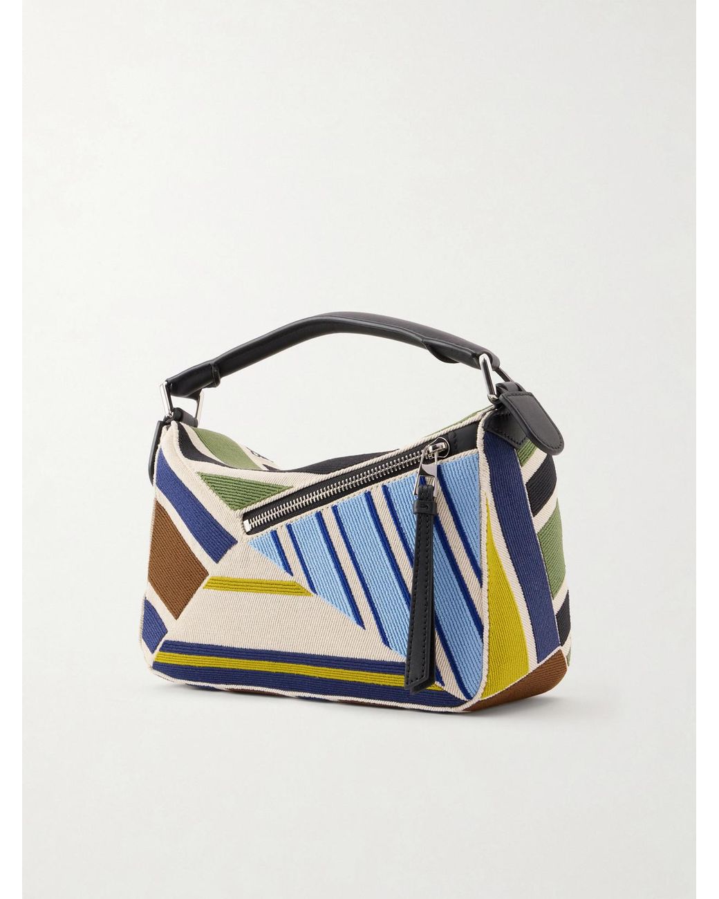 Loewe Green Puzzle Striped Leather-Trimmed Canvas Top-Handle Bag