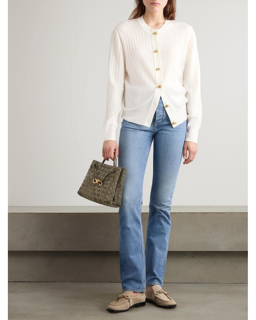 Bottega Veneta Natural Ribbed Wool Cardigan