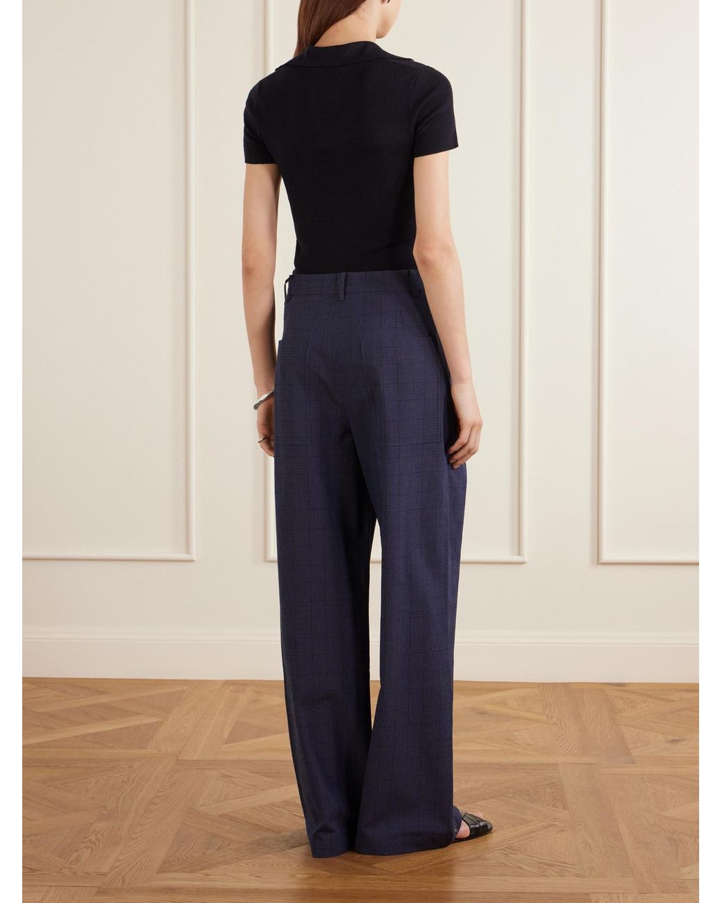 Tibi Blue Stella Pleated Checked Wool And Cotton-Blend Wide-Leg Pants