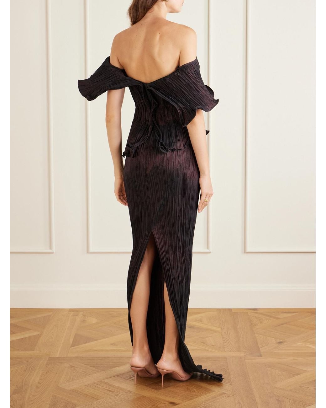 Marmar Halim Black Pleated Off-The-Shoulder Taffeta Gown