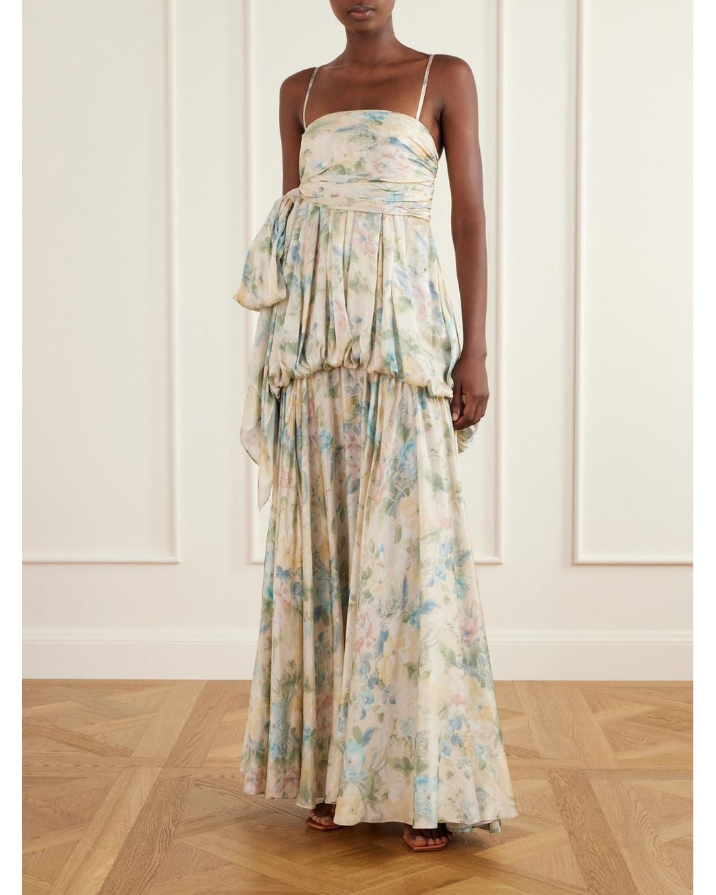 Zimmermann White Clash Billow Cut-Out Floral-Print Silk-Satin Maxi Dress