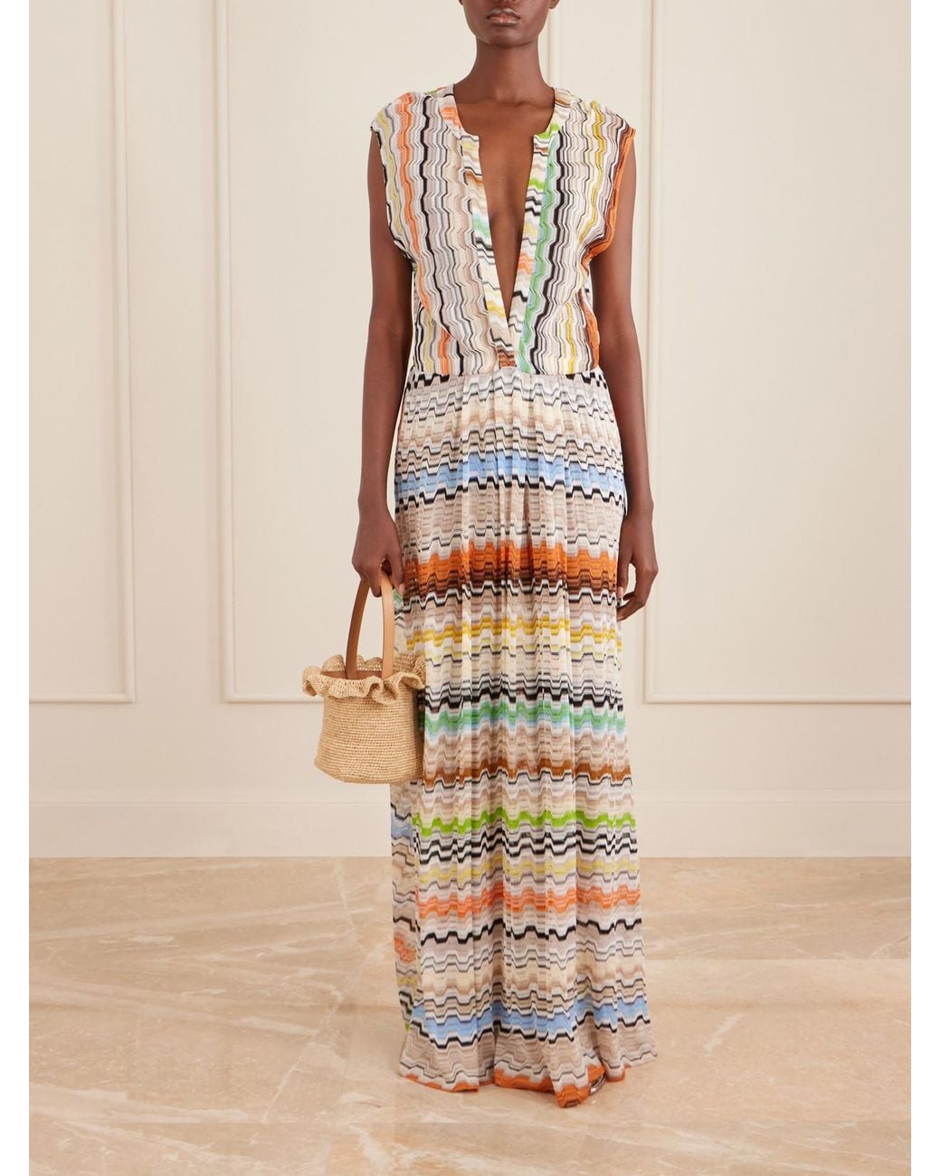 Missoni White Pleated Striped Crochet-Knit Maxi Dress
