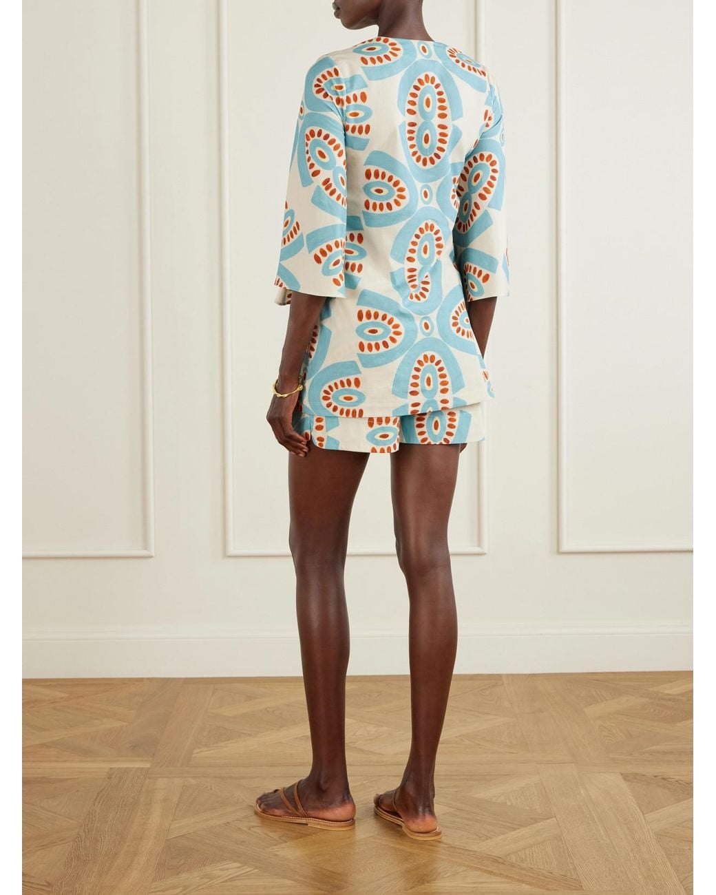 Themis Z Blue Thaleia Printed Cotton Blouse And Shorts Set