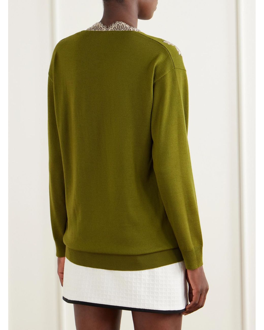Valentino Garavani Green Lace-Trimmed Wool Sweater