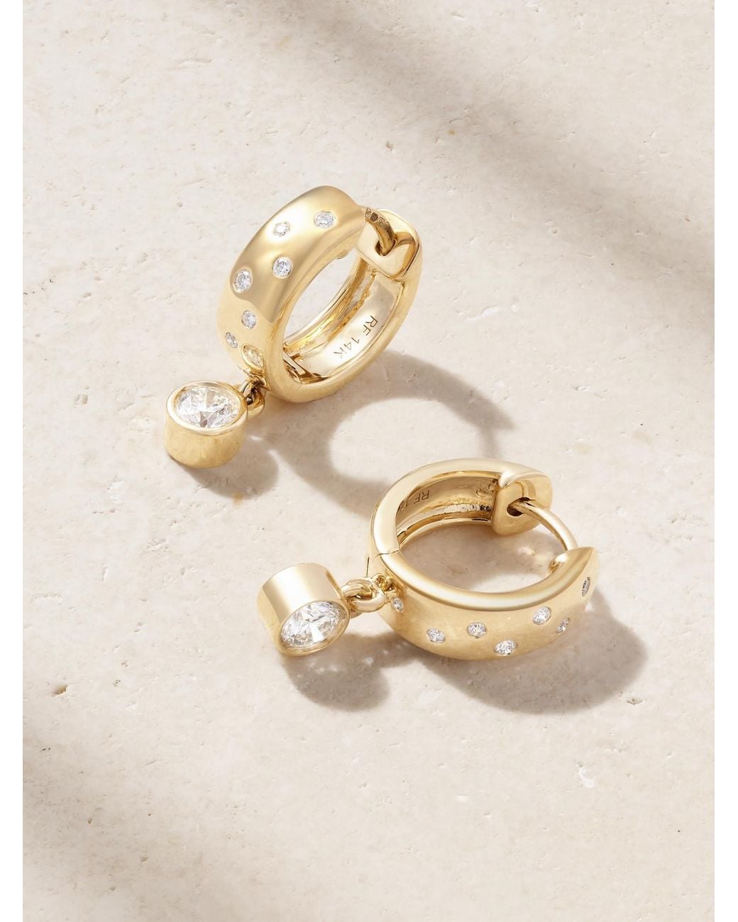 Roxanne First Natural Polka-Dot Drop 14-Karat Diamond Hoop Earrings