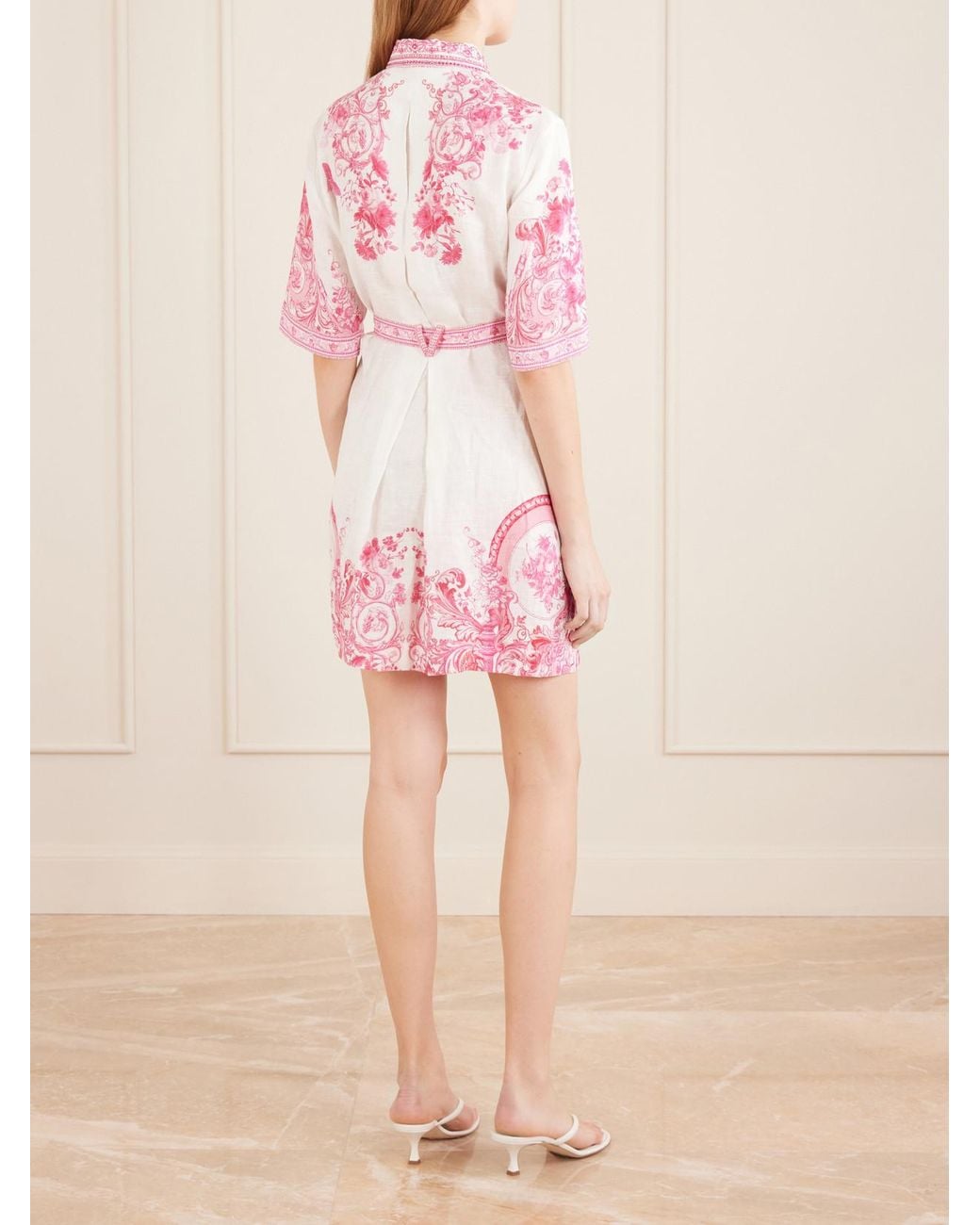 Camilla Pink Floral-Print Embellished Linen Mini Dress