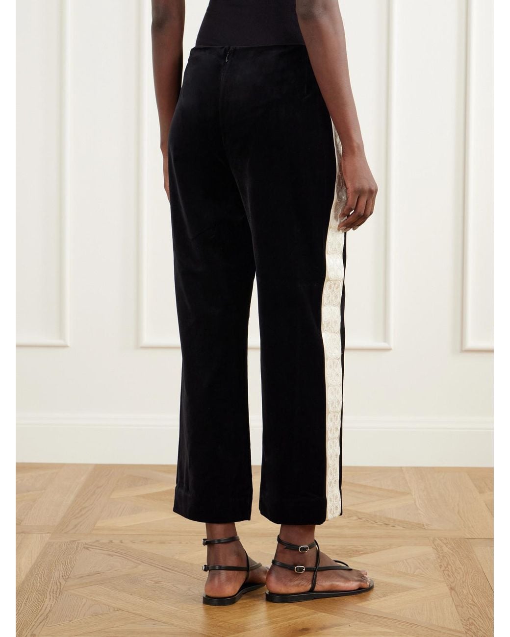 Posse Black Florian Cropped Embroidered Satin-Trimmed Cotton-Velvet Straight-Leg Pants