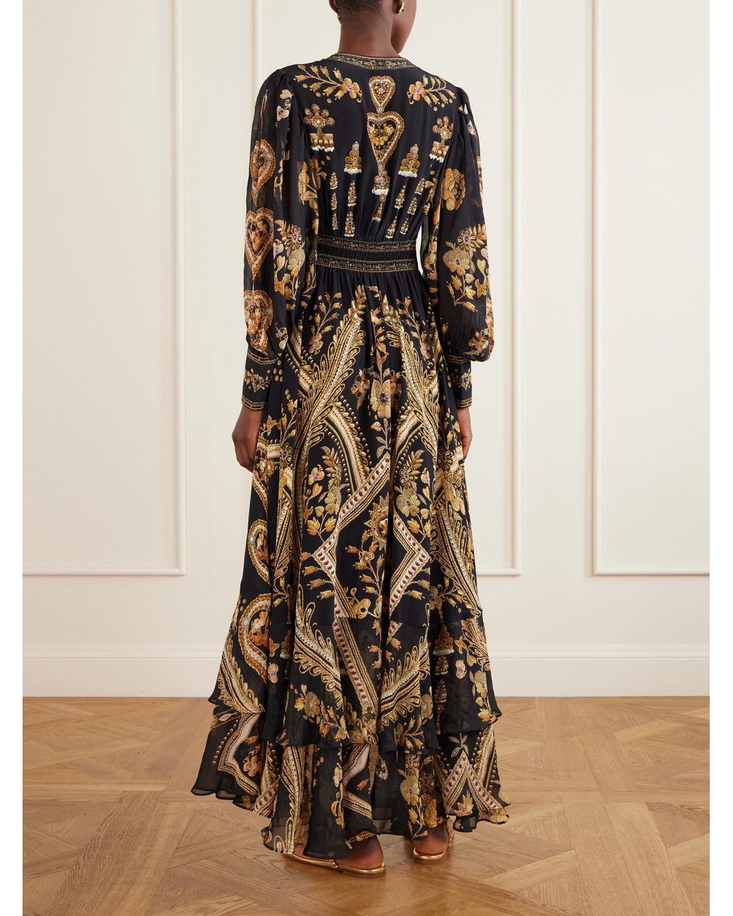 Camilla Black Embroidered Printed Silk-Crepe Maxi Dress
