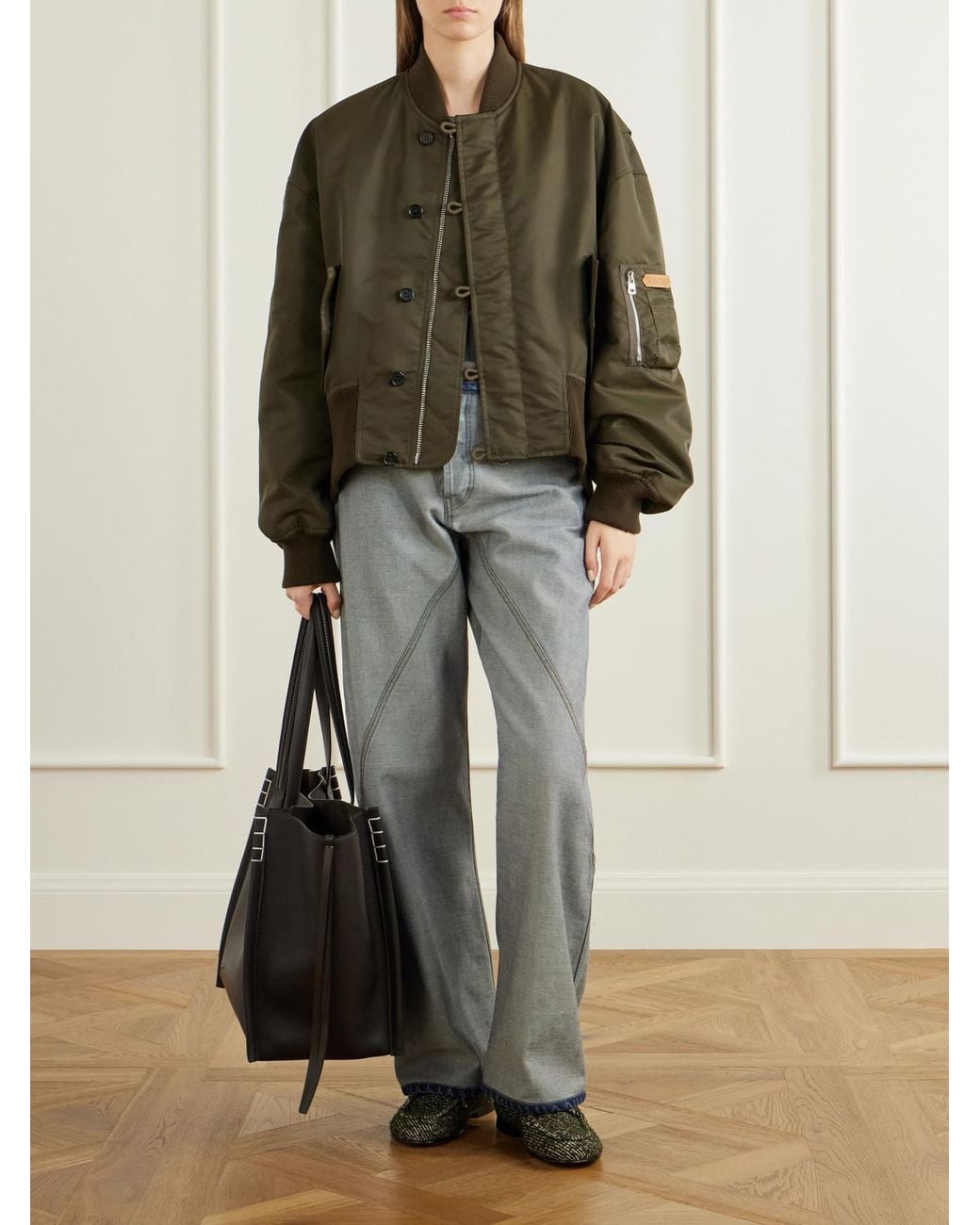 J.W. Anderson Green Oversized Tipped Hem Rib-Trimmed Satin Bomber Jacket