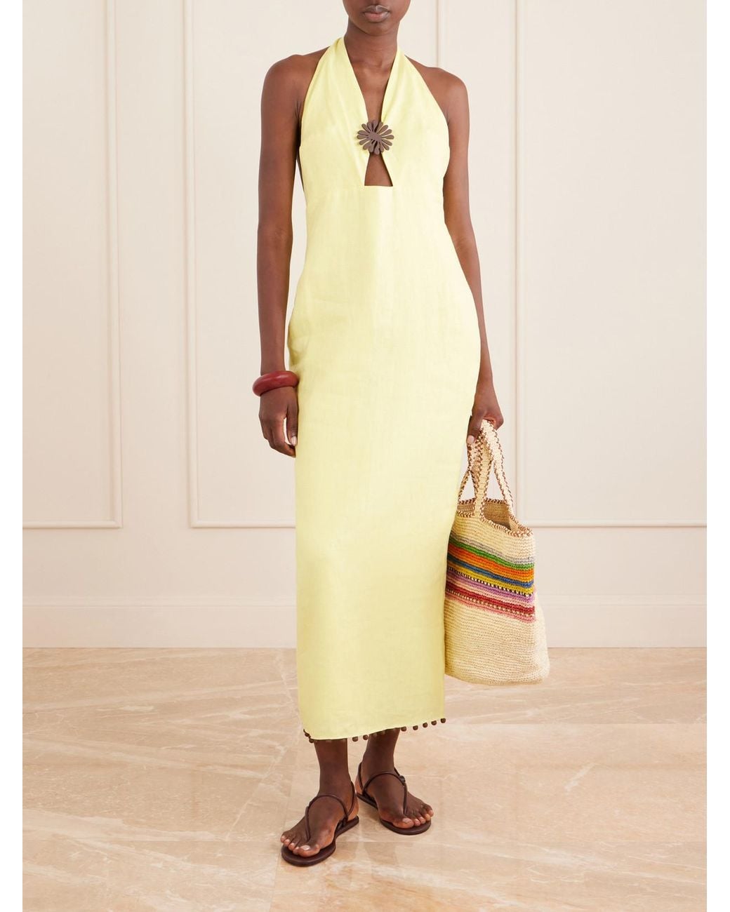 Cala De La Cruz Yellow Orly Embellished Cutout Linen Maxi Dress
