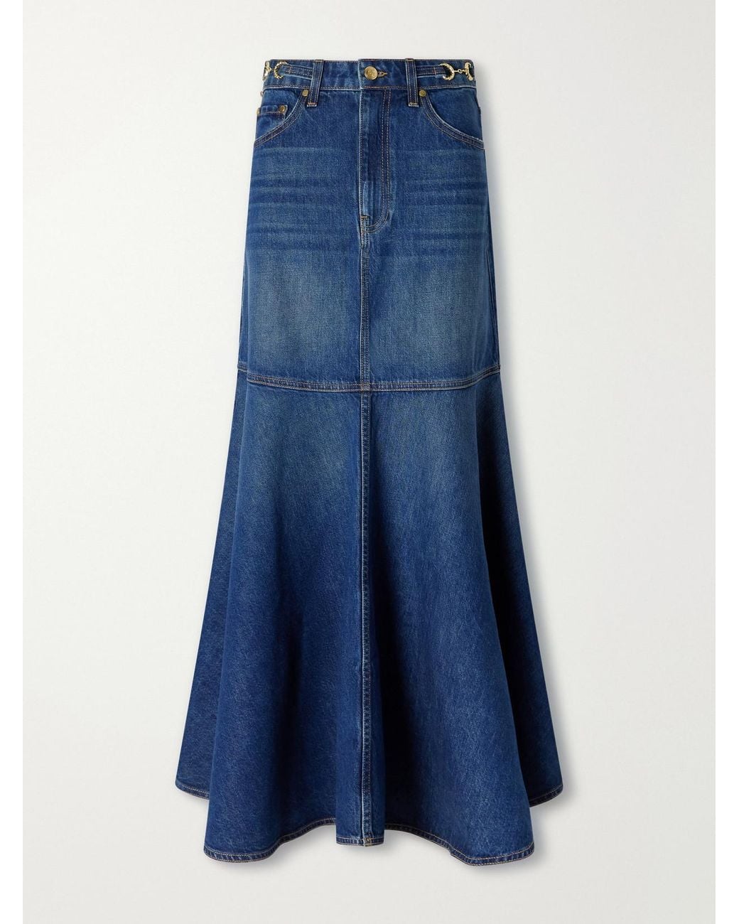 Ulla Johnson Blue The Madelyn Embellished Paneled Denim Maxi Skirt