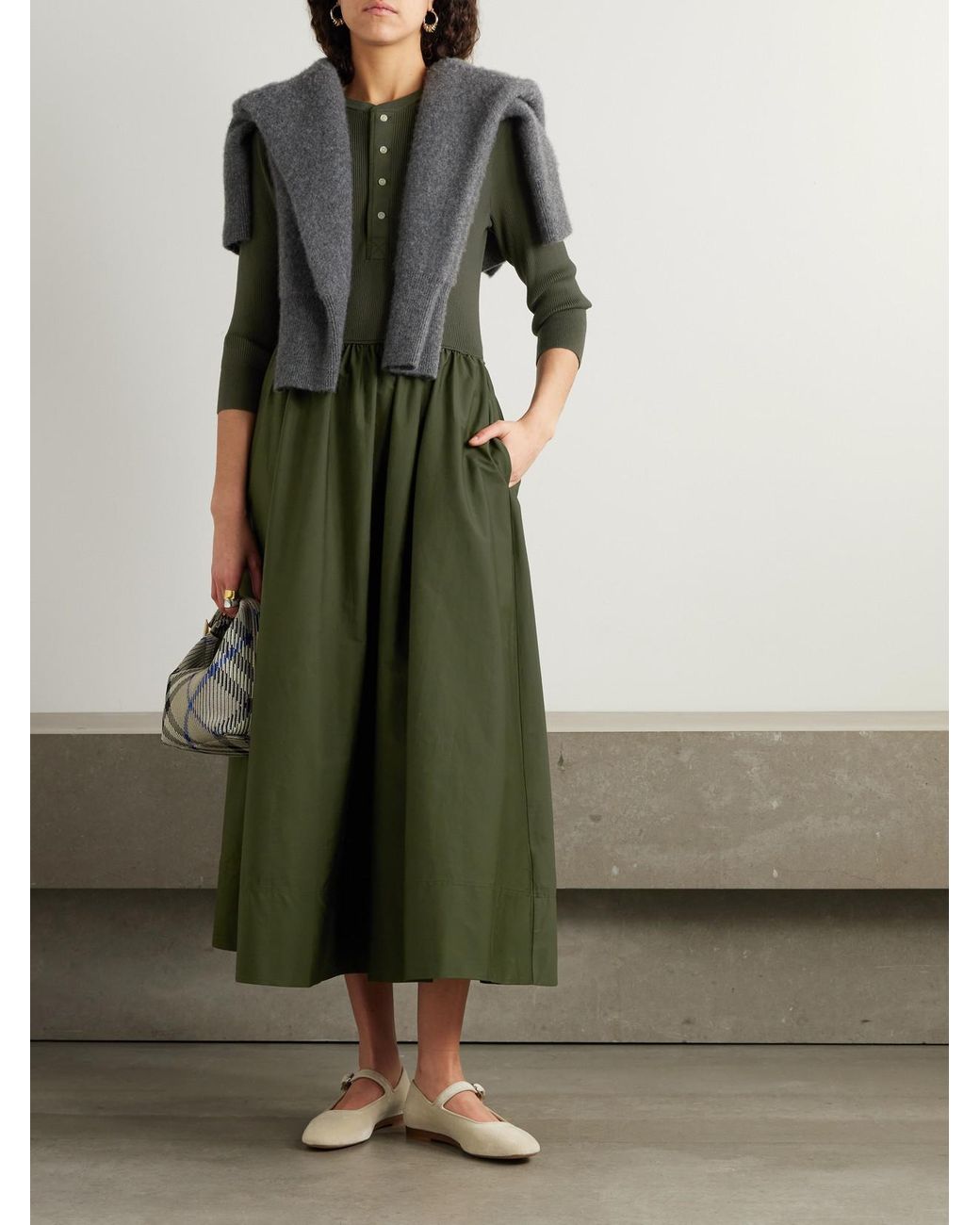 Polo Ralph Lauren Ribbed-Knit And Cotton-Poplin Midi Dress in Green