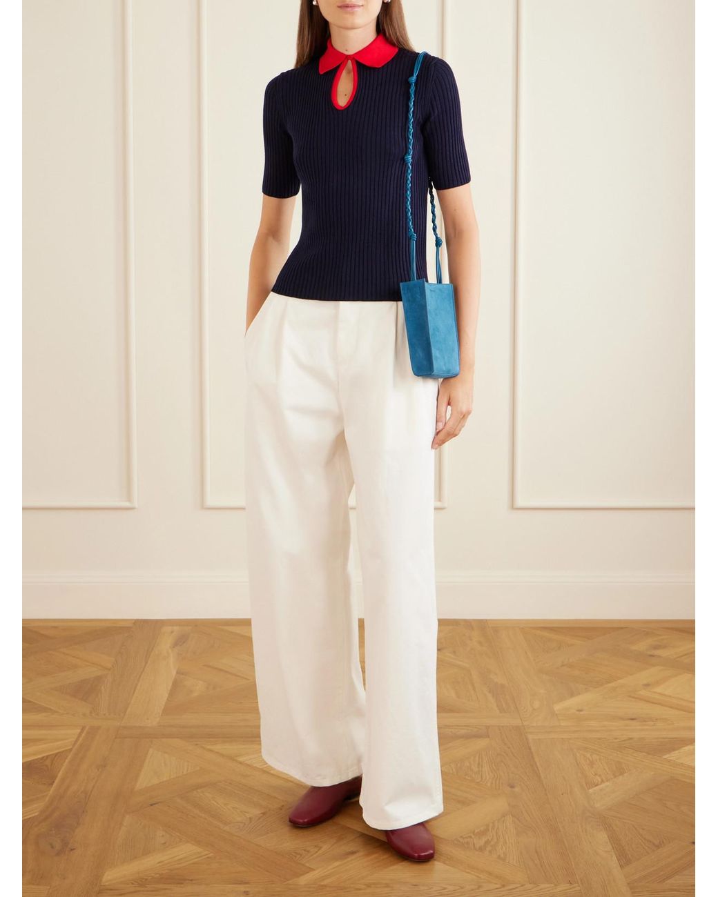 Jil Sander Blue Tangle Small Leather-Trimmed Suede Shoulder Bag