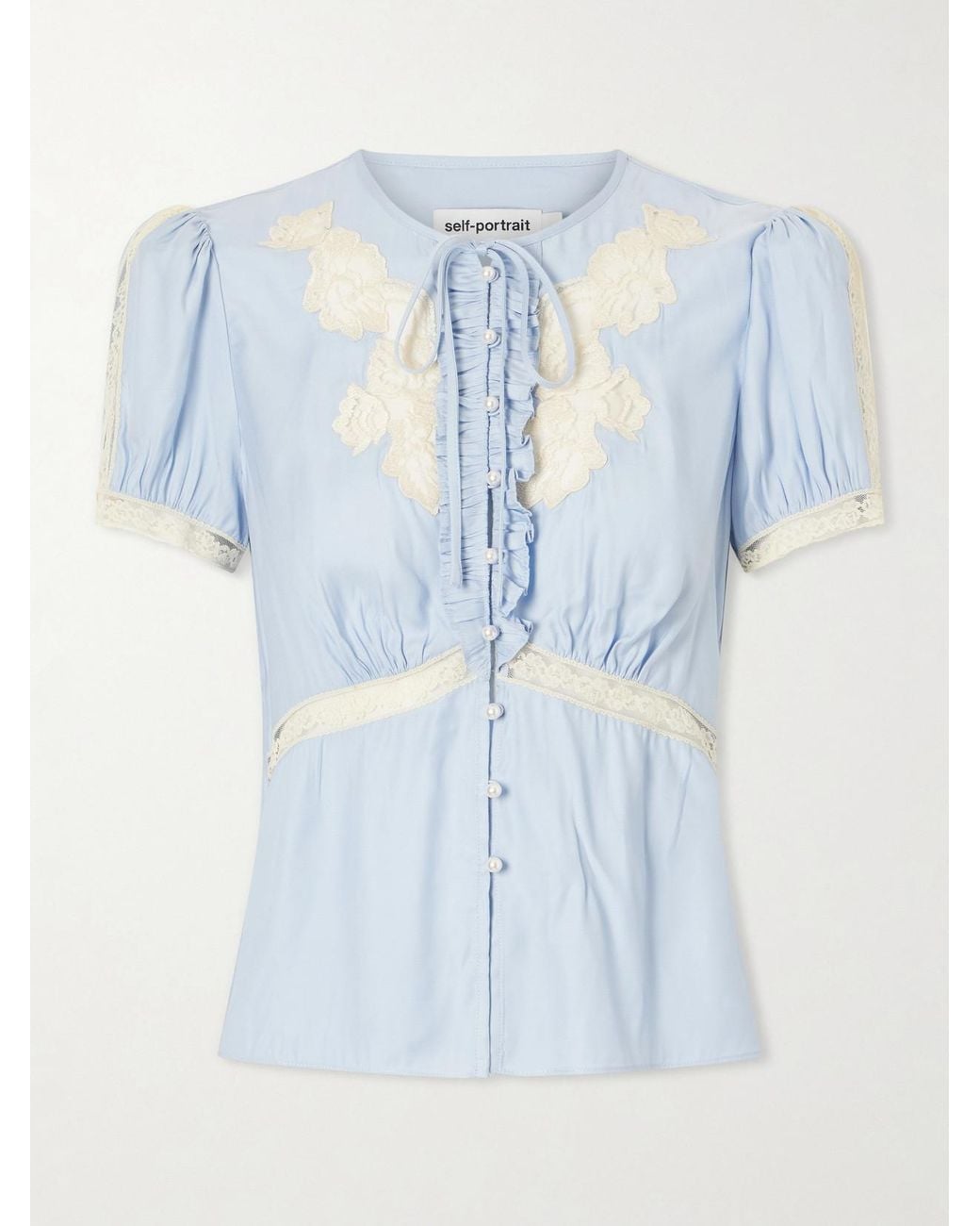 Self-Portrait Blue Ruffled Lace-Trimmed Satin Blouse