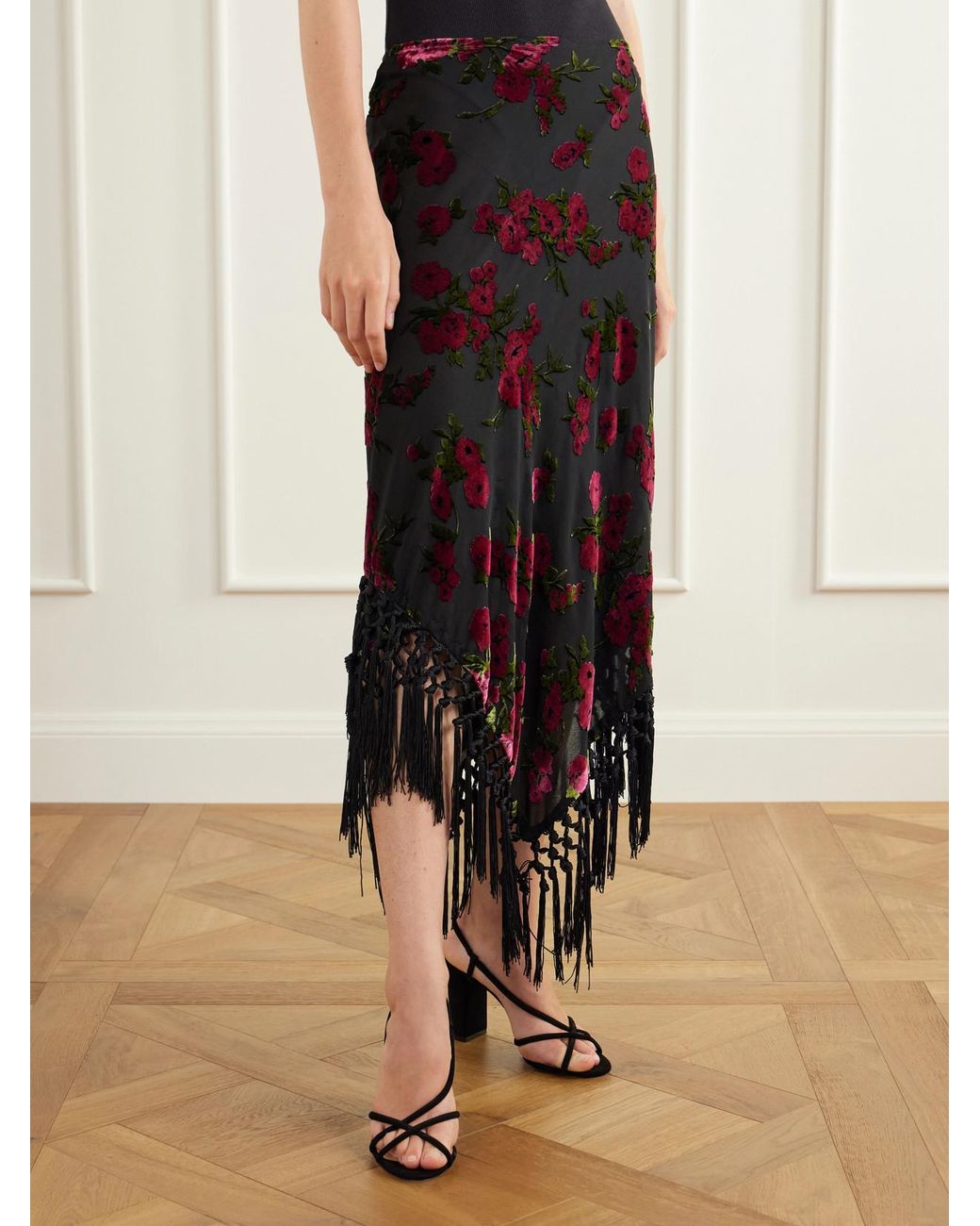 Anna Sui Black Asymmetric Floral-Flock Fringe-Trimmed Crepe Midi Skirt