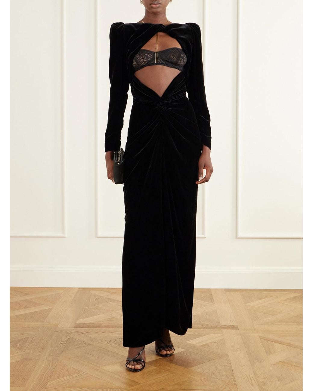 Balmain Black Open-Front Lingerie-Detail Gathered Velvet Maxi Gown