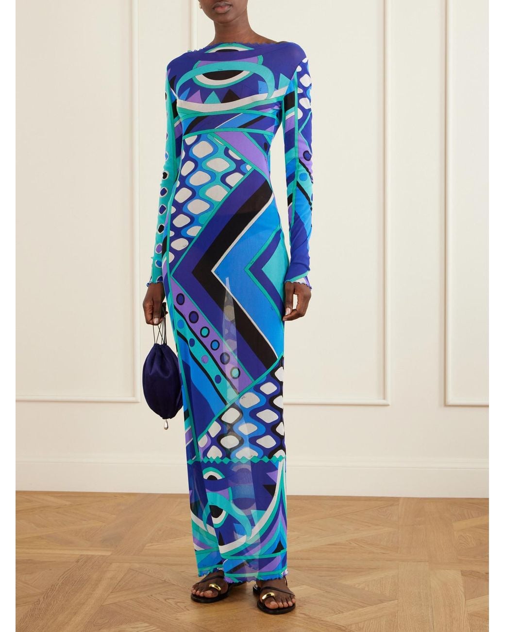 Emilio Pucci Blue Printed Tulle Maxi Dress