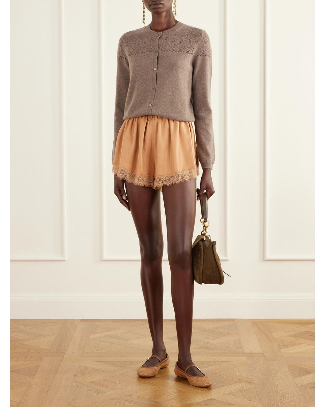 Ulla Johnson Natural Georgina Chantilly Lace-Trimmed Silk-Twill Shorts