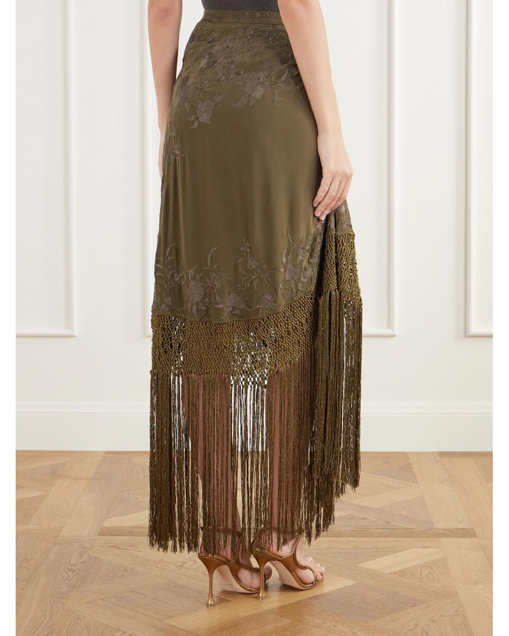 Ulla Johnson Green Lark Fringed Embroidered Silk-Crepe De Chin Midi Skirt