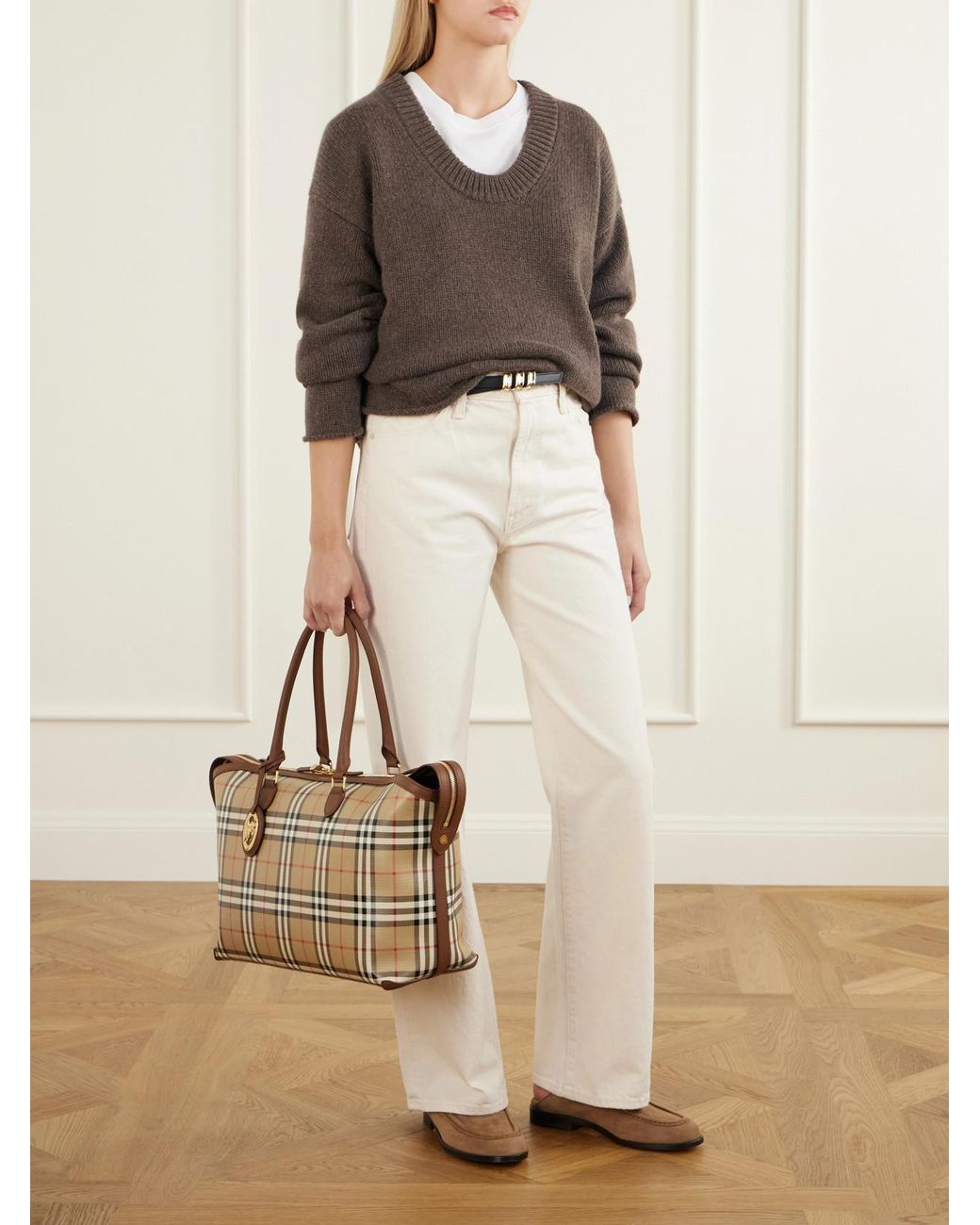 Burberry Natural Medium Check Zip Leather-Trimmed Tote