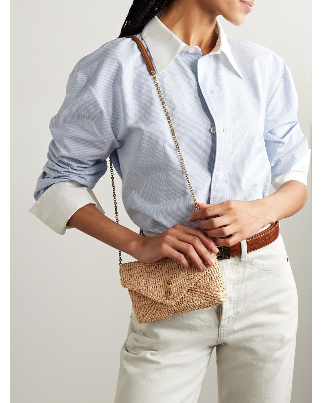 Saint Laurent Natural Cassandre Leather-Trimmed Raffia Shoulder Bag
