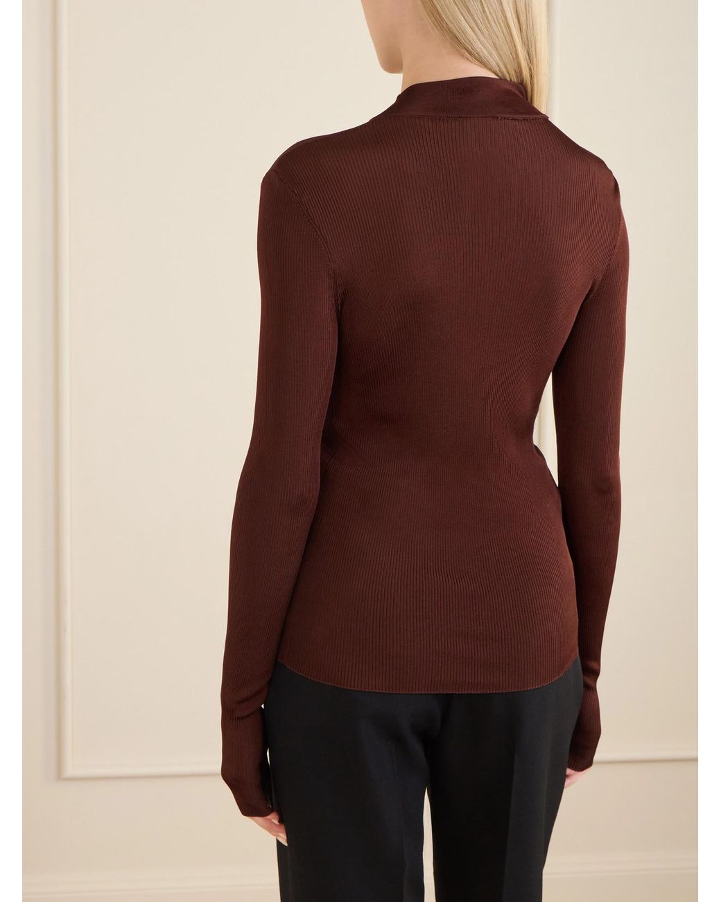 Saint Laurent Brown Cassandre-Embellished Ribbed Silk Top