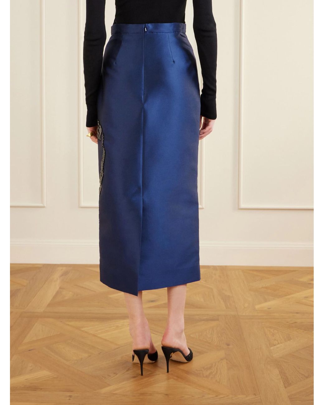 Erdem Blue Sequined Embroidered Satin Midi Skirt
