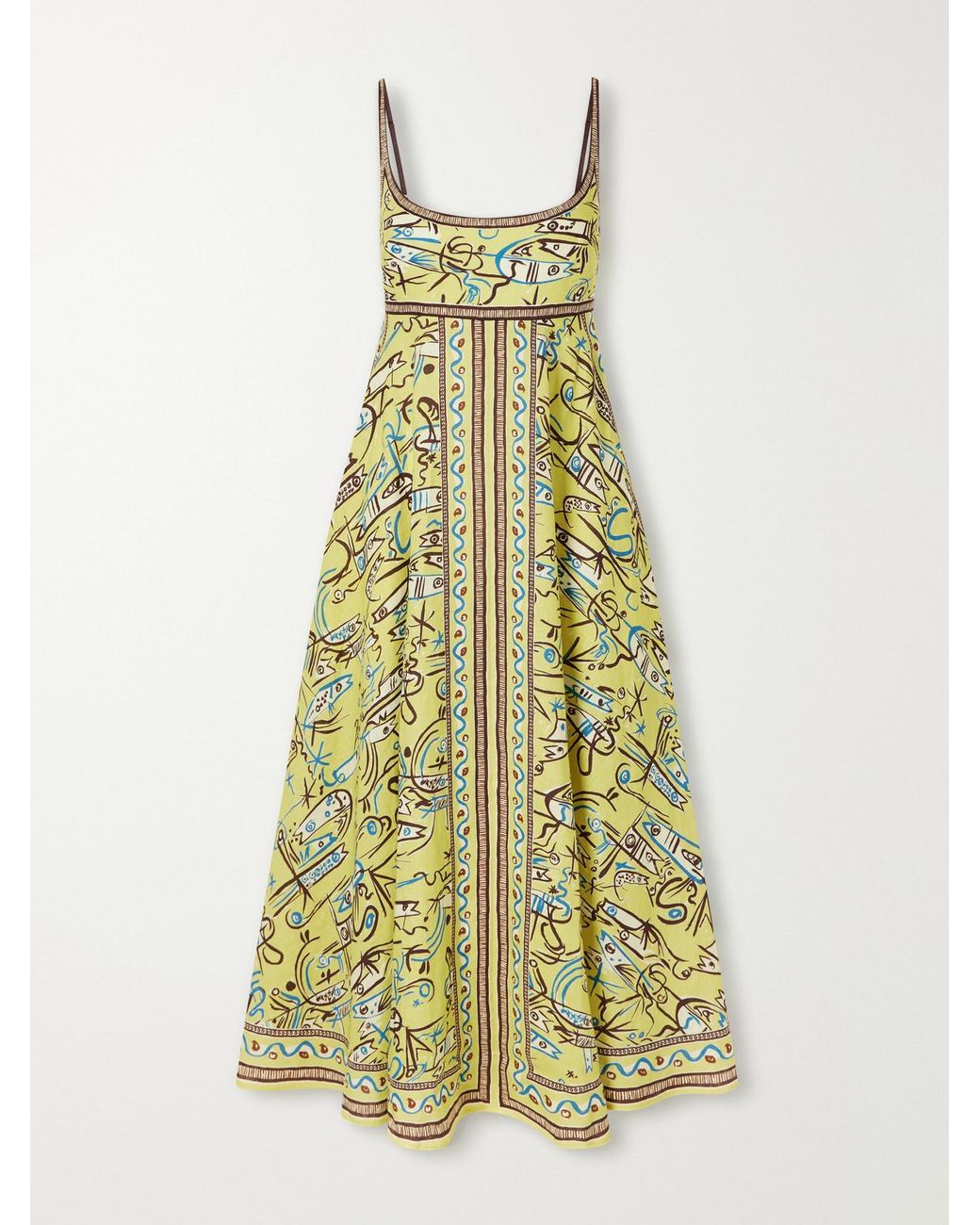 ALÉMAIS Yellow Fish Sticks Printed Linen Midi Dress