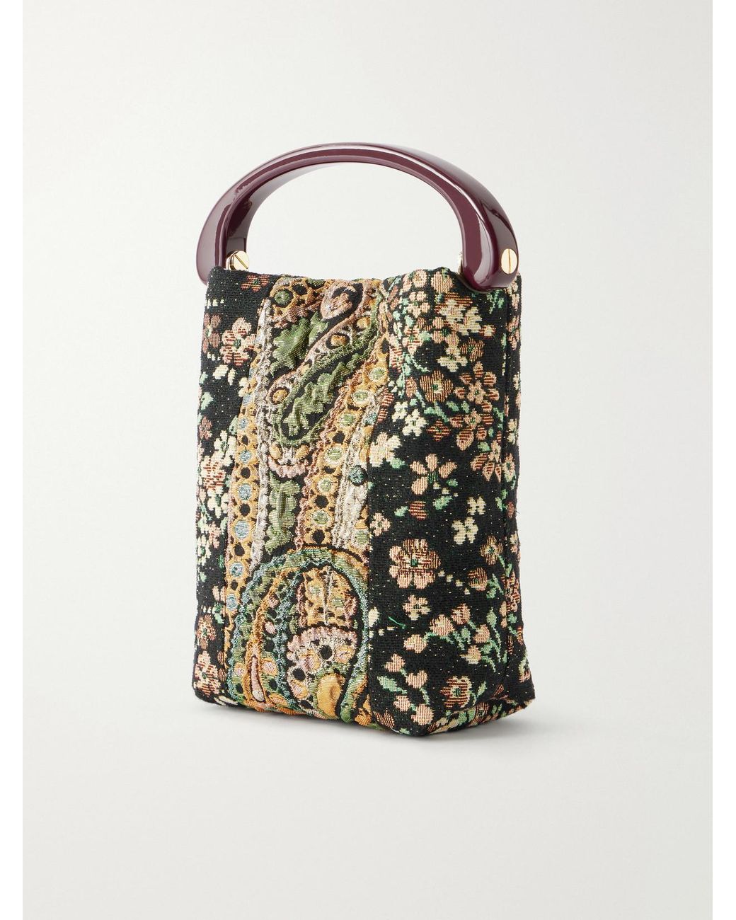 Dries Van Noten Brown Leather-Trimmed Metallic Floral-Jacquard Top-Handle Bag