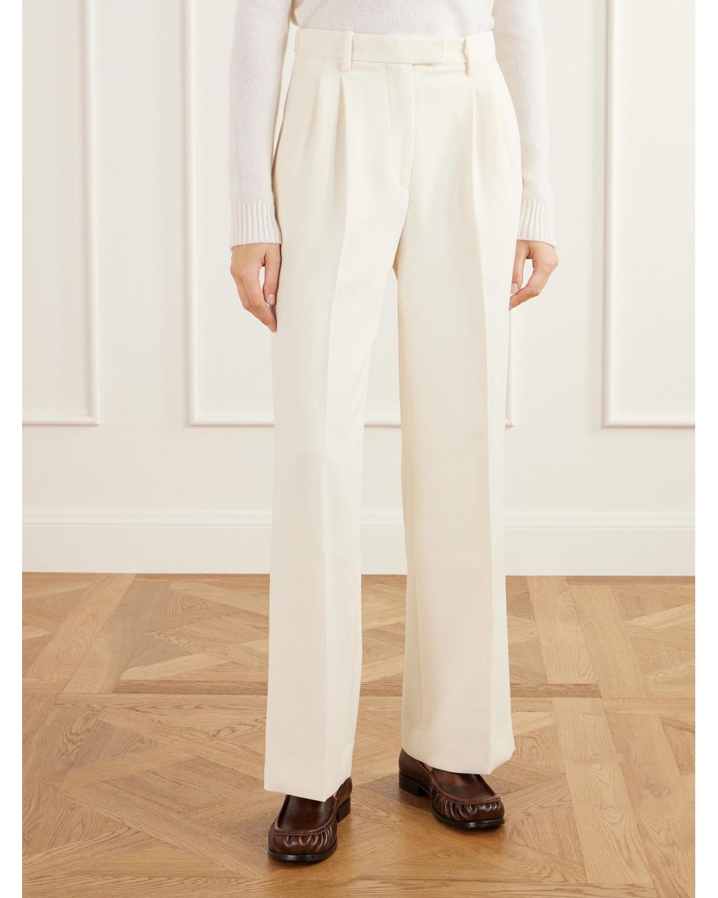Almala White Pleated Twill Straight-Leg Pants