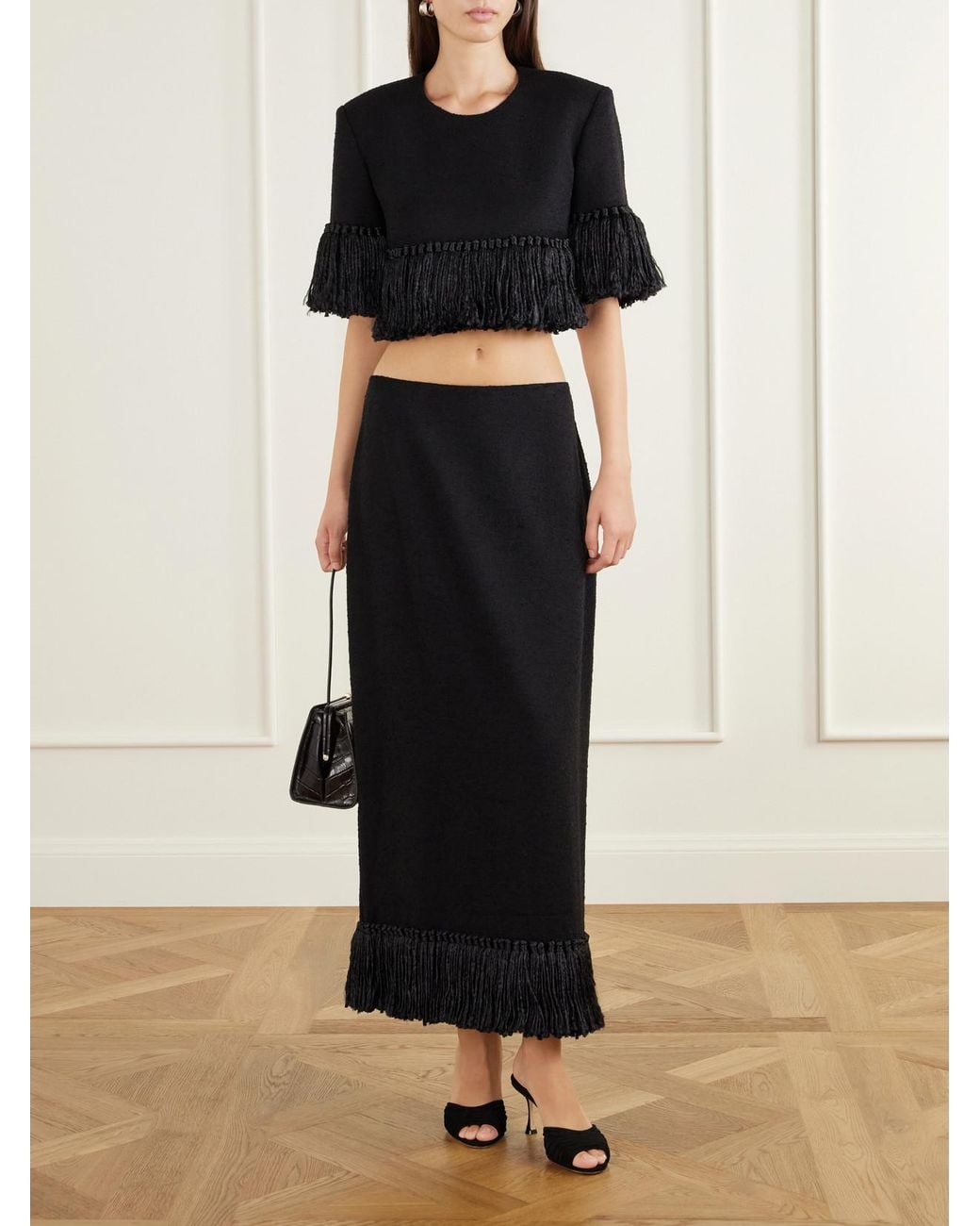 Heirlome Black Matilde Fringe-Detail Wool-Blend Maxi Skirt