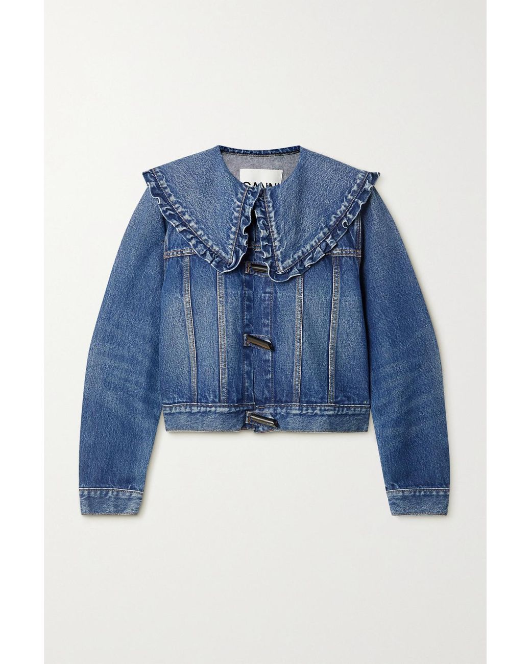 Ganni Ruffled Organic Denim Jacket in Blue | Lyst