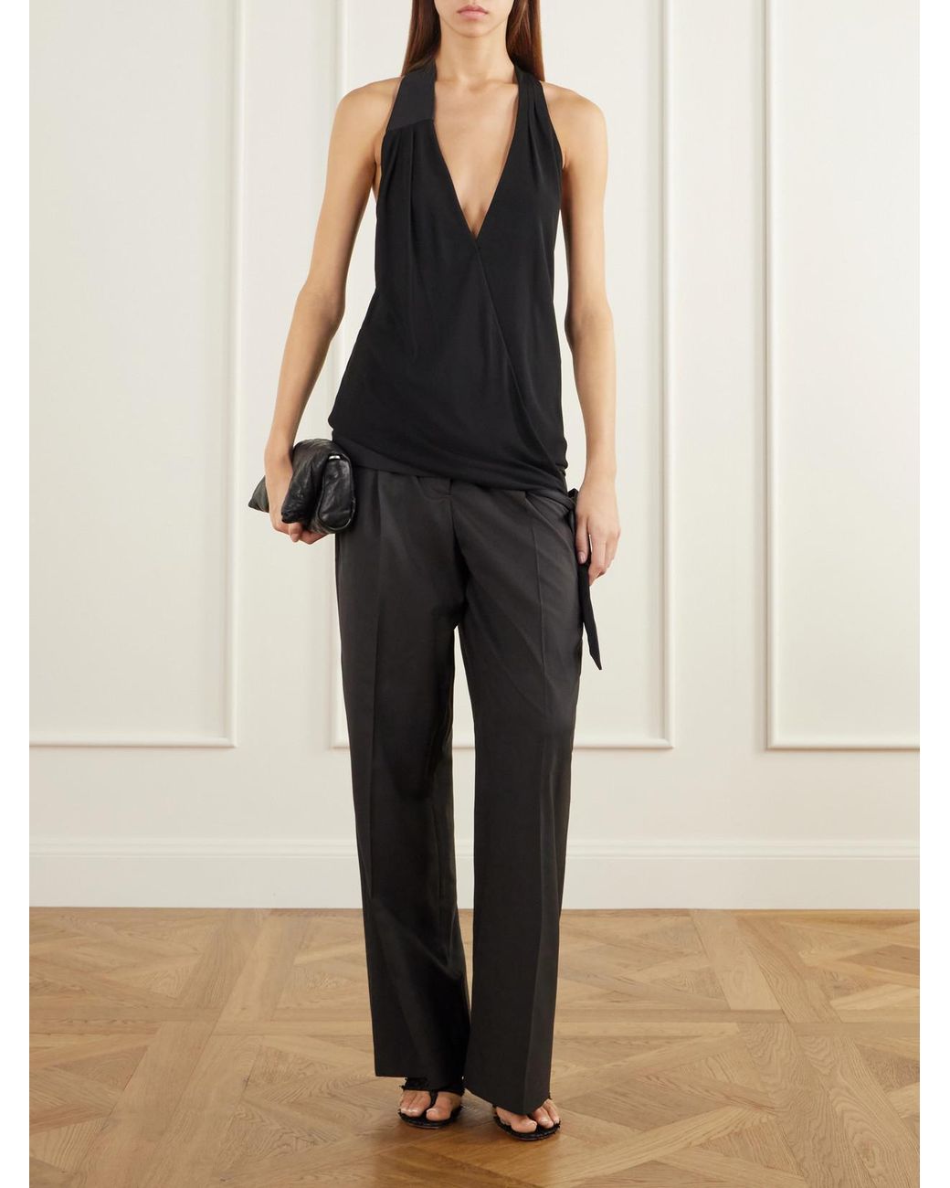 AARON ESH Black Tie-Detailed Satin-Trimmed Jersey Halterneck Tank