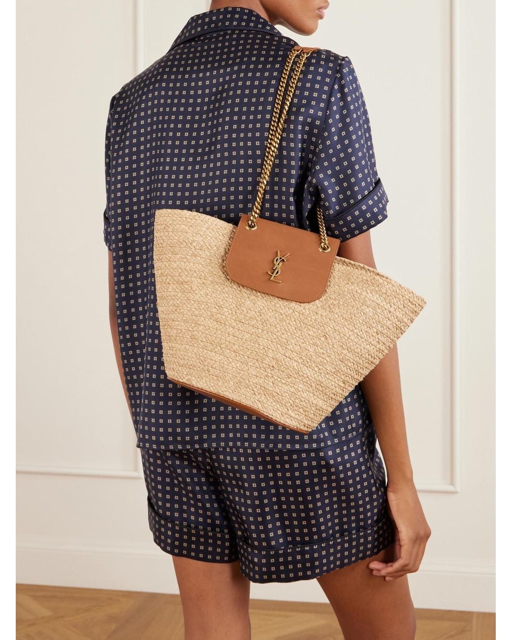 Saint Laurent Natural Panier Leather-Trimmed Raffia Tote