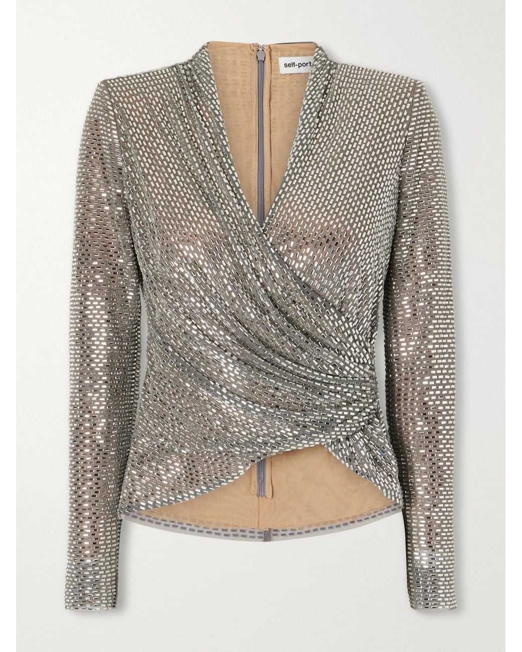 Self-Portrait Gray Crystal-Embellished Gathered Mesh Blouse