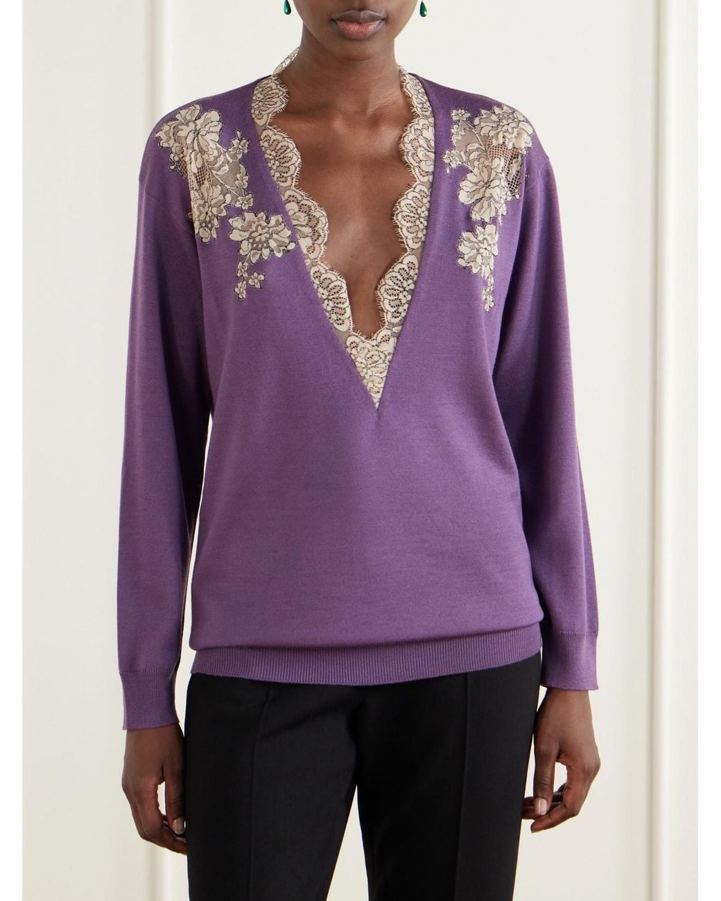 Valentino Garavani Purple Lace-Trimmed Virgin Wool Sweater