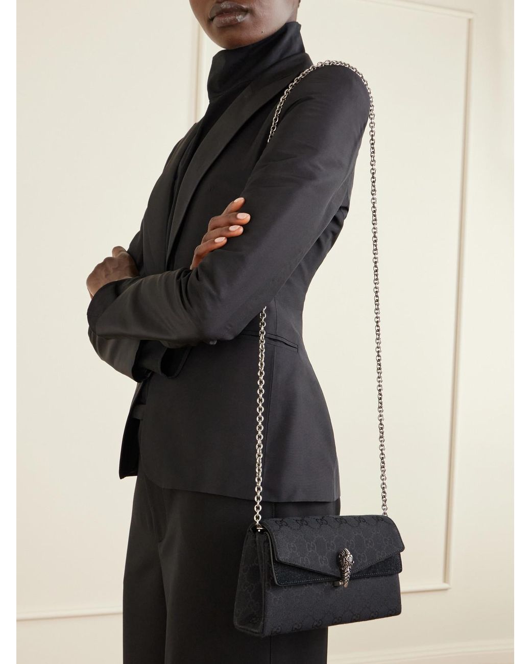 Gucci Black Dionysus Leather-Trimmed Coated Canvas-Jacquard Shoulder Bag