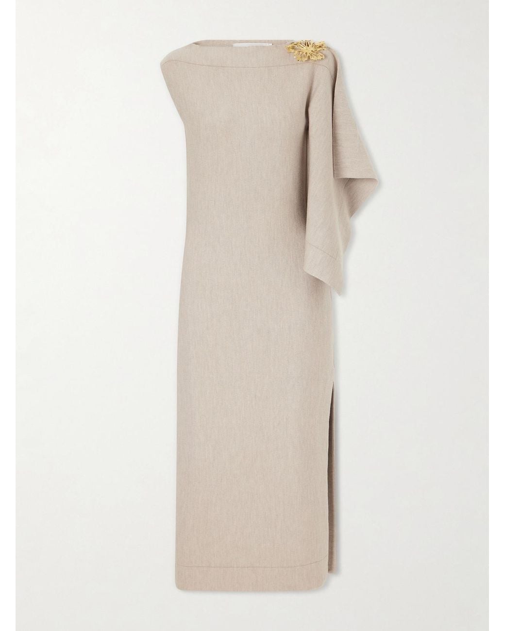 Oscar de la Renta Natural Draped Wool-Blend Knitted Midi Dress