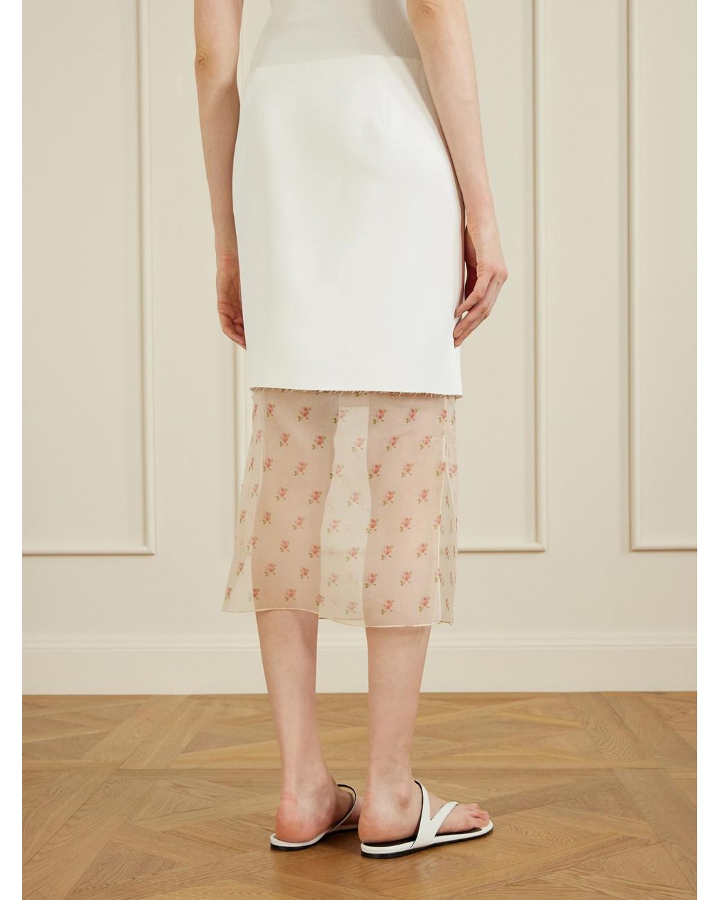 Khaite White Sybil Layered Frayed Satin-Crepe And Floral-Print Organza Midi Skirt