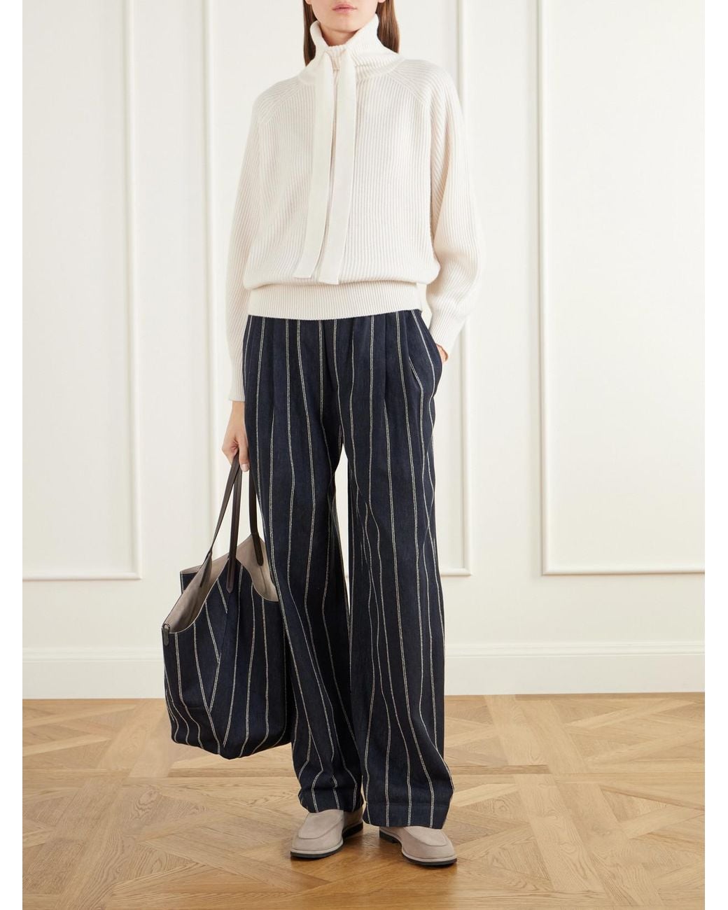 Brunello Cucinelli Blue Pleated Pinstriped Cotton-Blend Twill Wide-Leg Pants