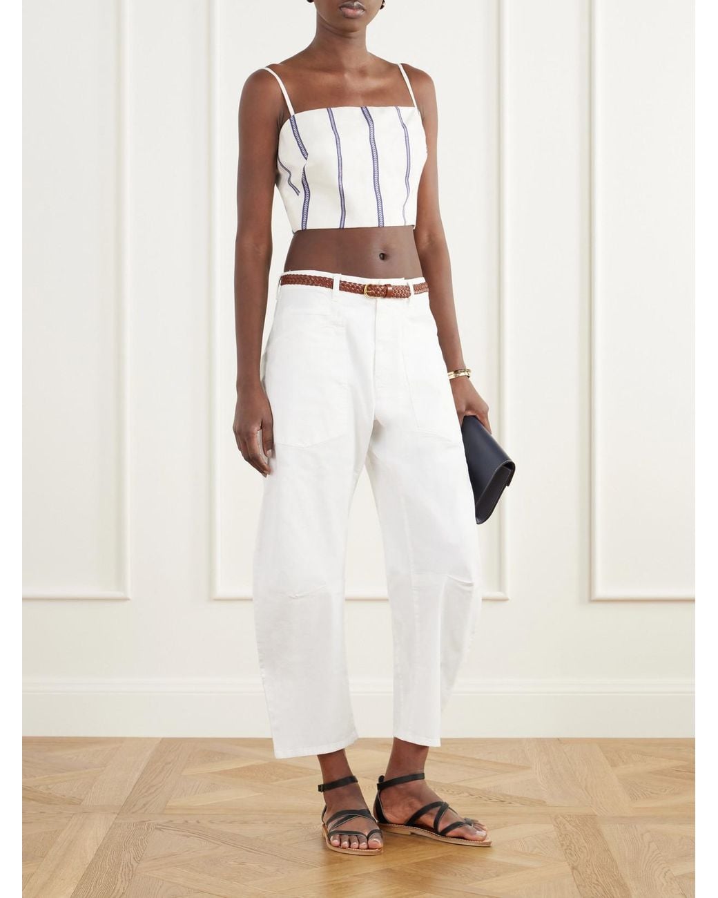 ANDRES OTALORA White Tierra Sagrada Cropped Striped Linen-Woven Top