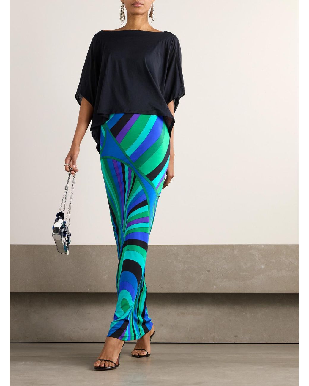 Emilio Pucci Blue Layered Cotton And Silk-Blend And Printed Jersey Maxi Dress