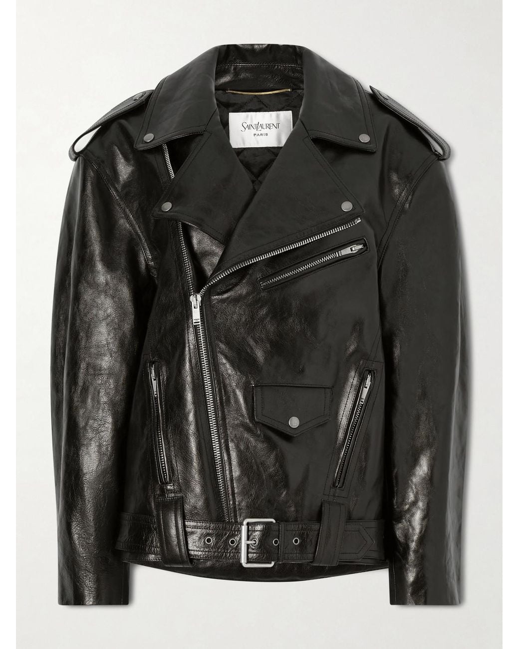 Saint Laurent Black Glossed Textured-Leather Biker Jacket
