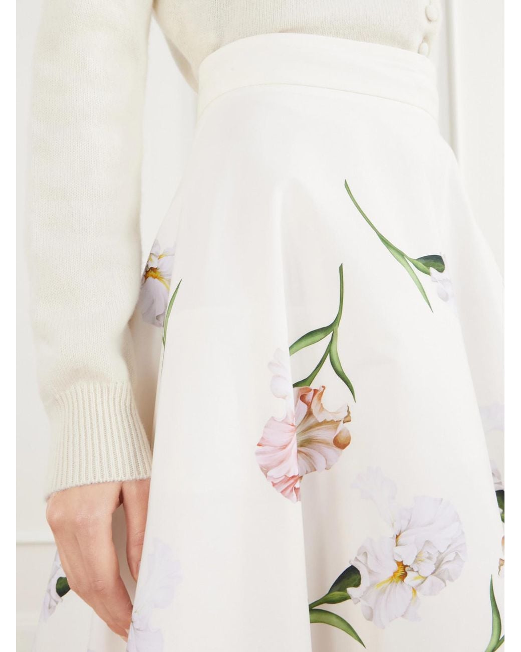 Oscar de la Renta Natural Floral-Print Cotton-Blend Poplin Midi Skirt