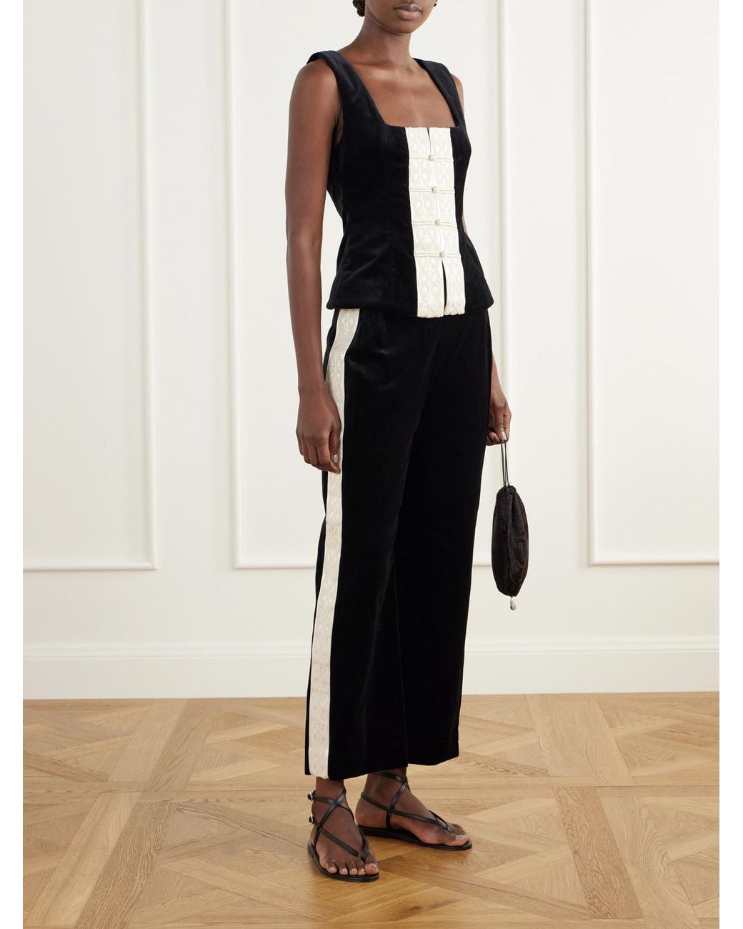 Posse Black Florian Cropped Embroidered Satin-Trimmed Cotton-Velvet Straight-Leg Pants