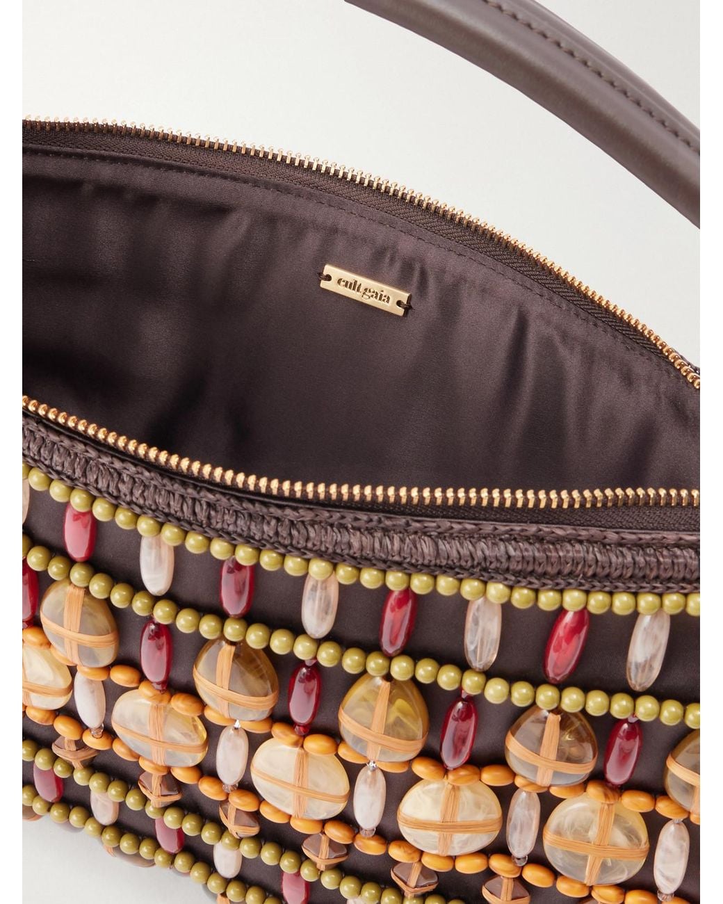 Cult Gaia Brown Hera Bead-Embellished Leather And Raffia-Trimmed Satin Shoulder Bag