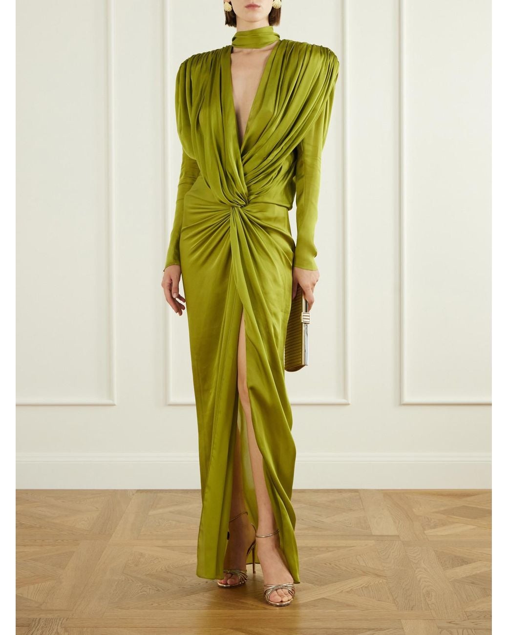 Balmain Green Draped Silk-Charmeuse Maxi Dress