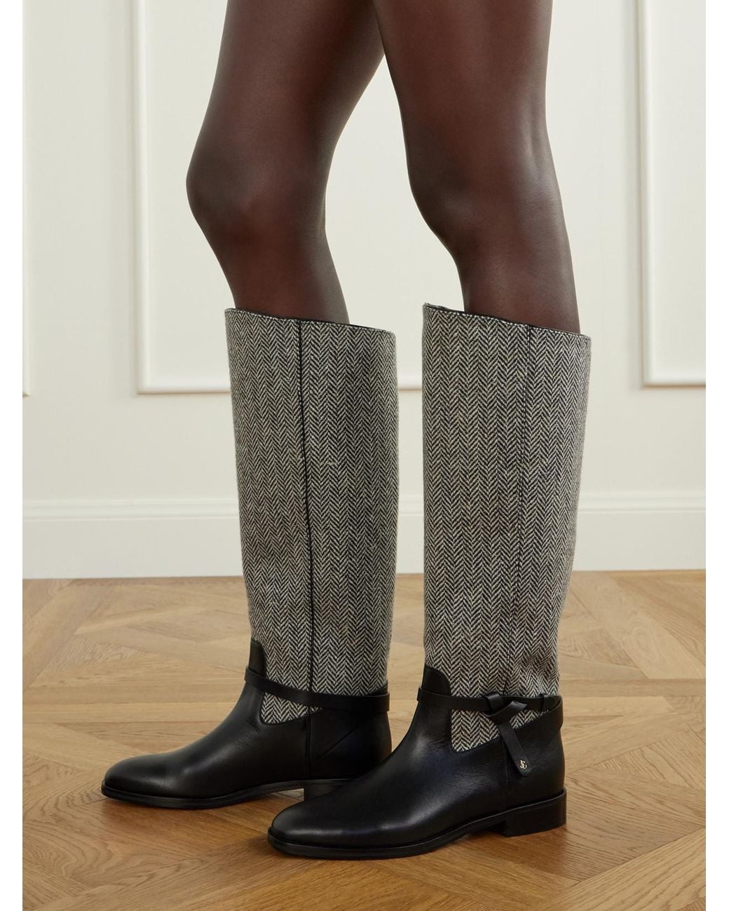 Jimmy Choo Gray Lawton Leather-Trimmed Herringbone Knee Boots