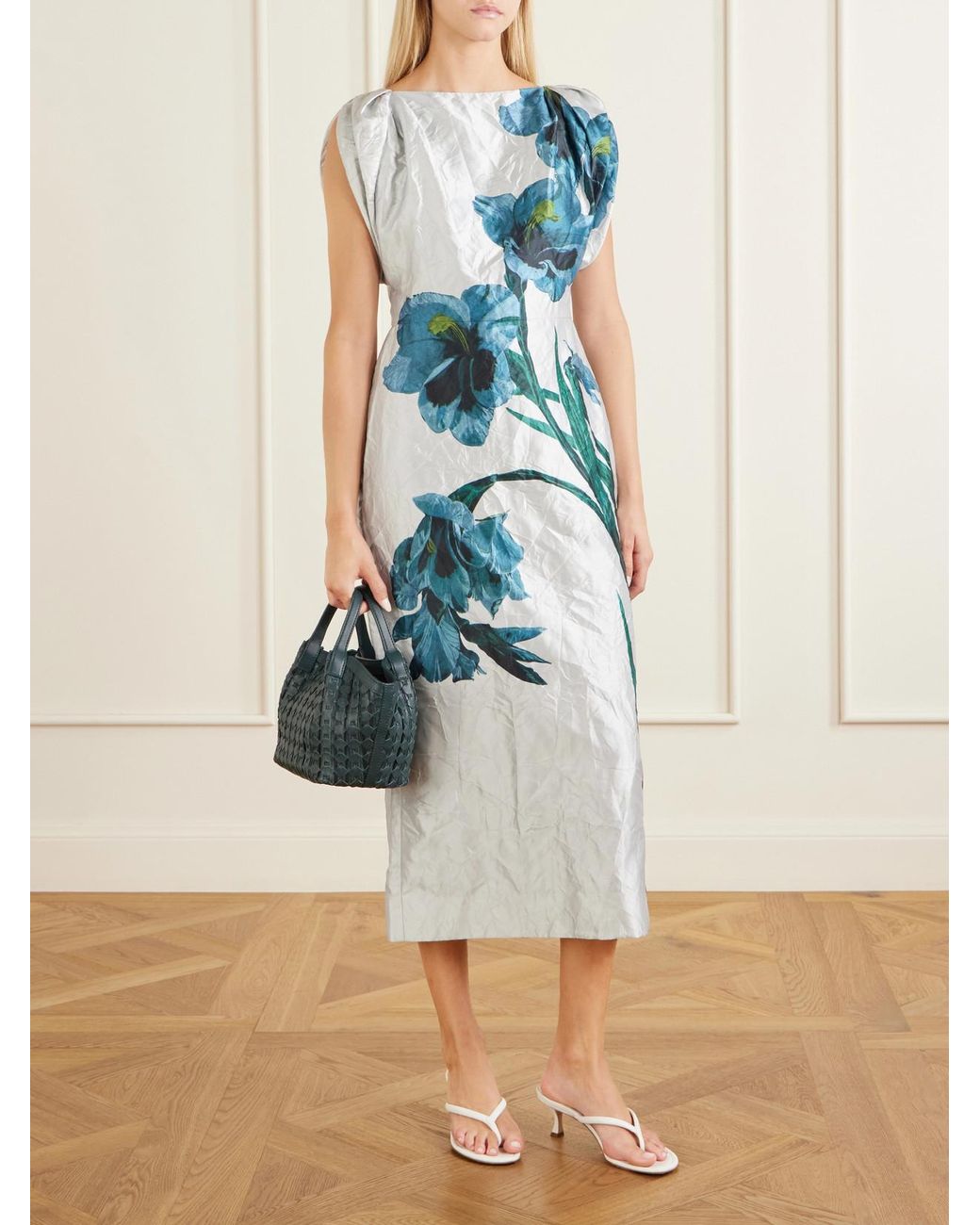 Erdem Blue Floral-Print Textured Satin Midi Dress