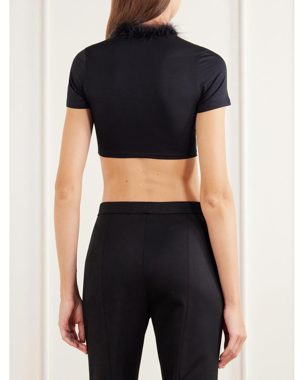 Gucci Blue Feather-Trimmed Cropped Stretch-Jersey Top